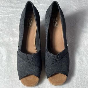 Toms Womens Black Canvas Wedge Shoes SZ 9.5 Wide Cork Platform Open Toe Classic